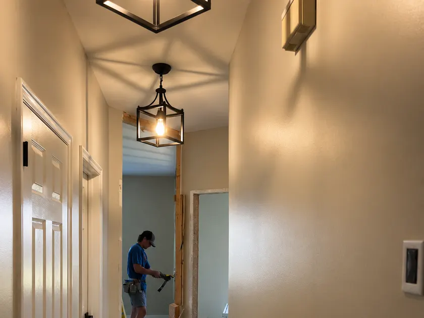 A lantern-lit hallway looking through 2 new door openings, the studs of the second still bare, a carpenter working in the room beyond