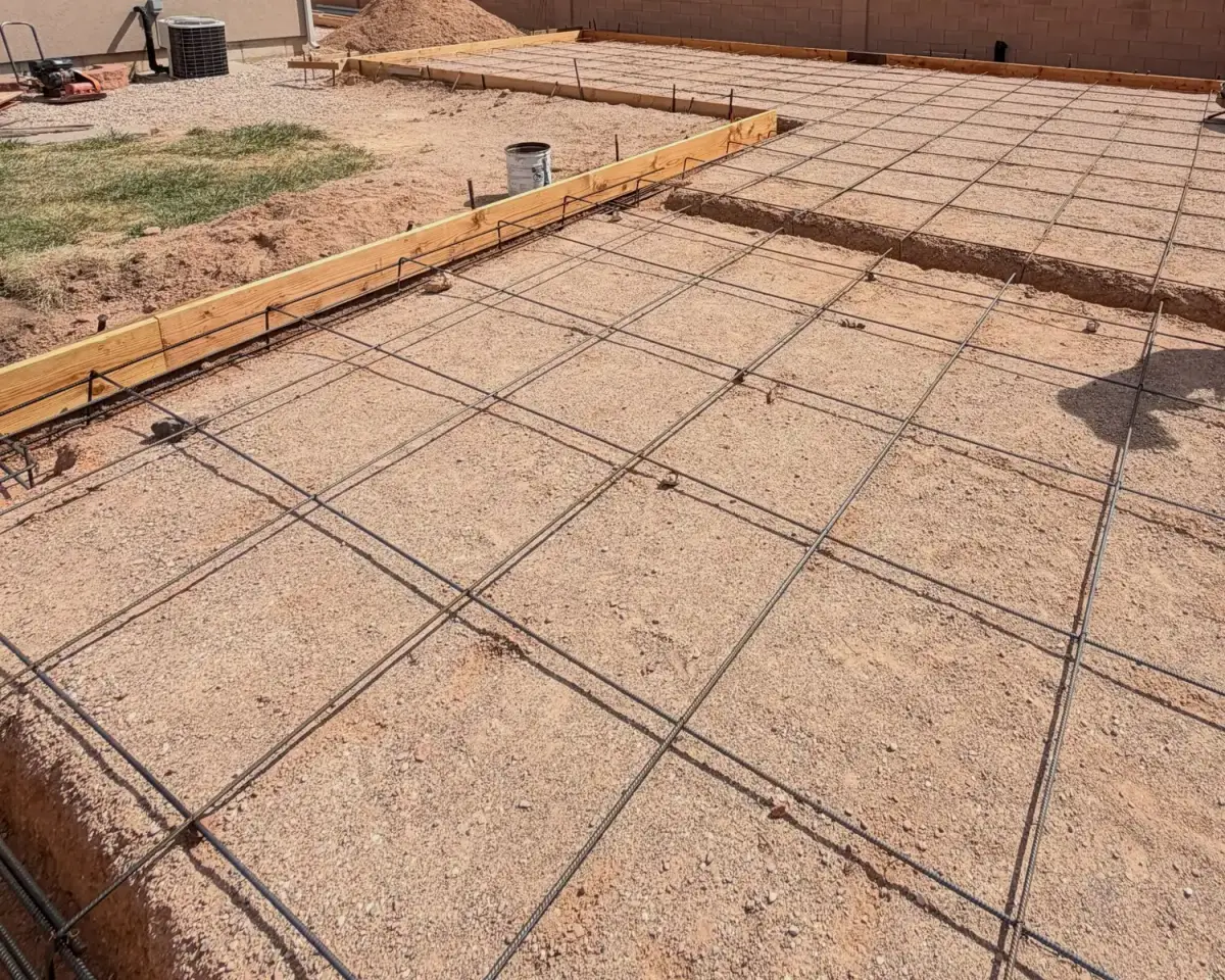 A detached garage slab formed and tied out in a full grid of reinforcing steel, with the Cedar City hills and a Utah sky behind it