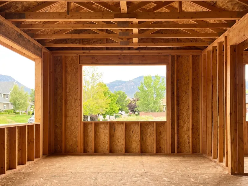 A new addition framed in stud and truss with a rough window opening looking out to the Cedar City hills